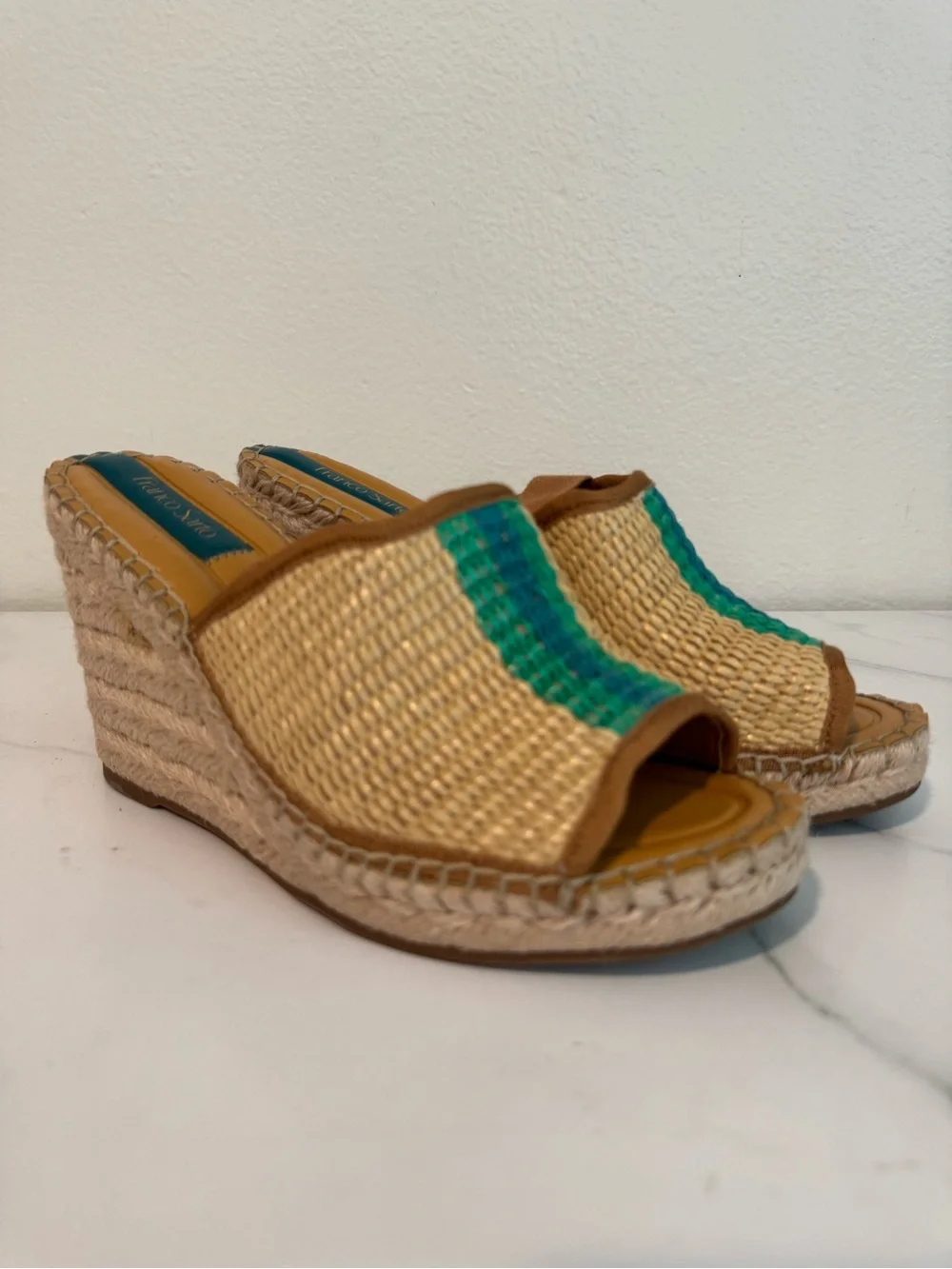 Woven Straw Lace-Up Wedge Sandals with Green Accent Women’s 8.5